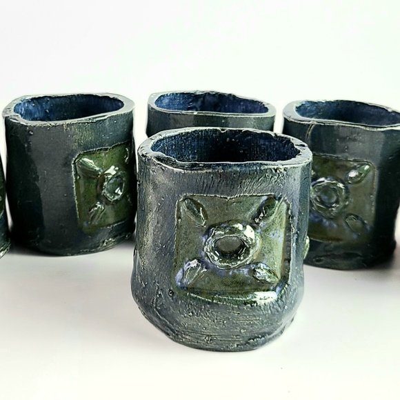 Vintage- Signed - Dark Blue Handmade Stoneware Tea Set with 6 Cups - Picture 8 of 12